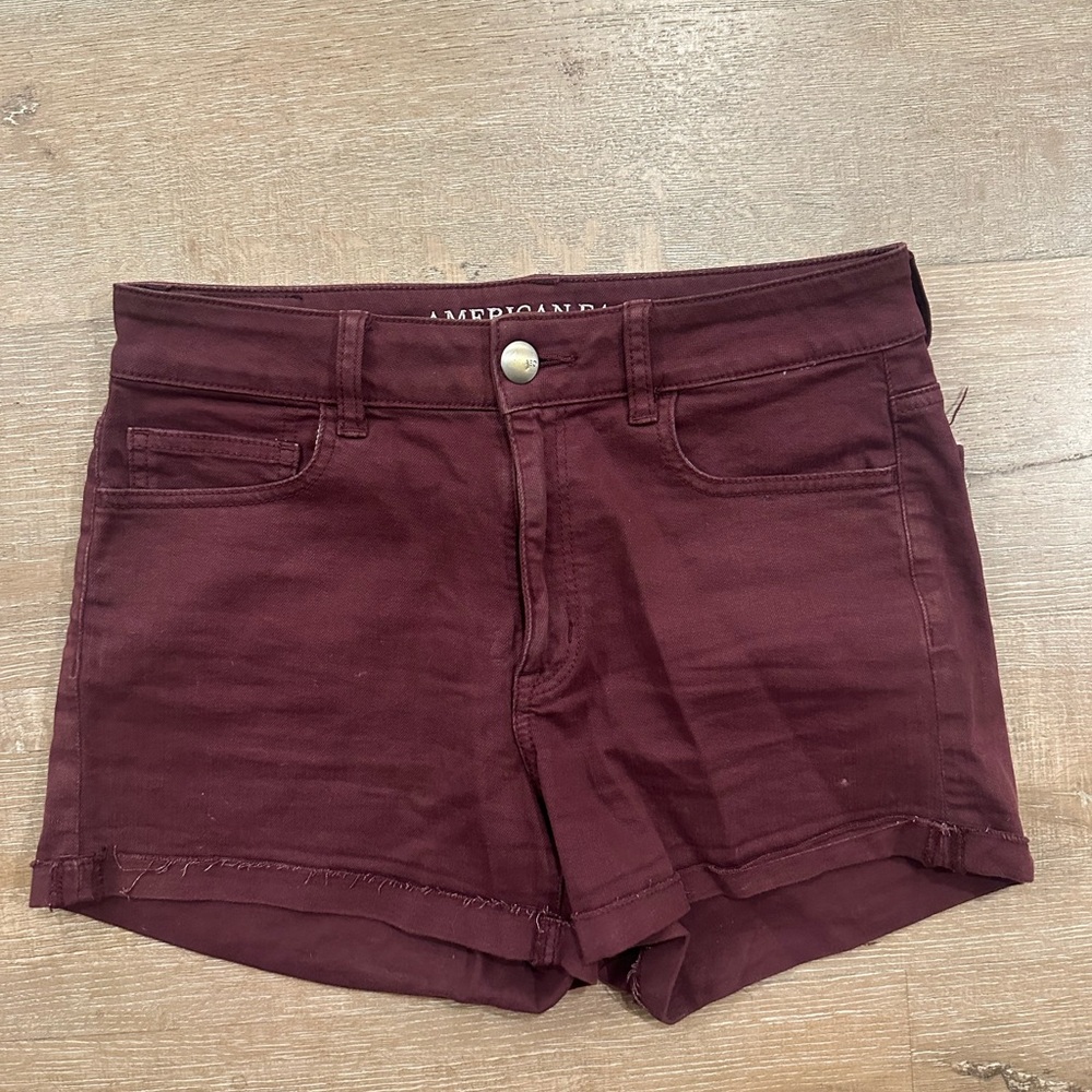 Burgundy 8 American Eagle Shorts Cuffed High Waist AE Hi-Rise Shortie Red Super